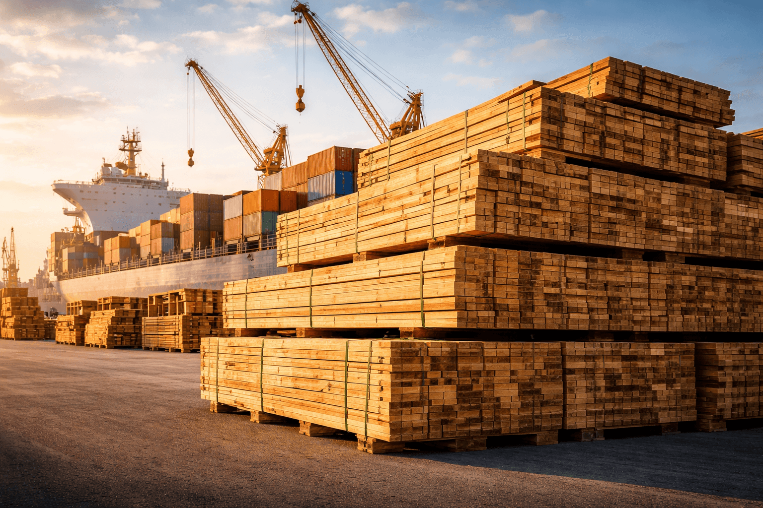 Timber stacks at export port with cargo ship